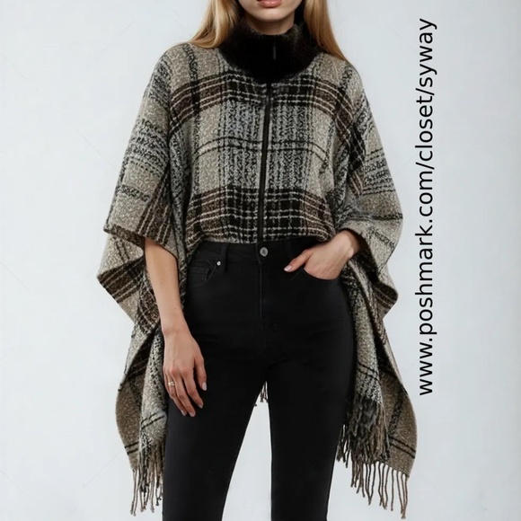 Marc New York Zip Up Turtleneck Plaid Tassel Hem Sweater Poncho One Size Fit All - Picture 1 of 16